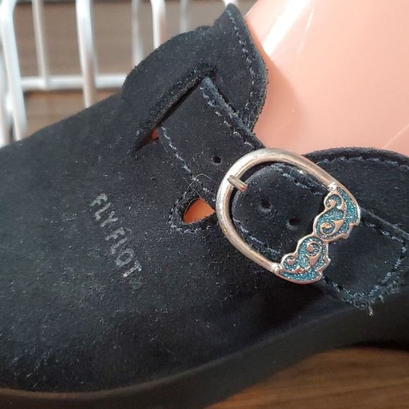Fly Flot Black Suede Leather Silver & Blue Glitter Buckle Clogs Size EUR 40 US 8 - Picture 2 of 7